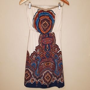 Strapless Geometric Tribal Print Mini Silky Dress